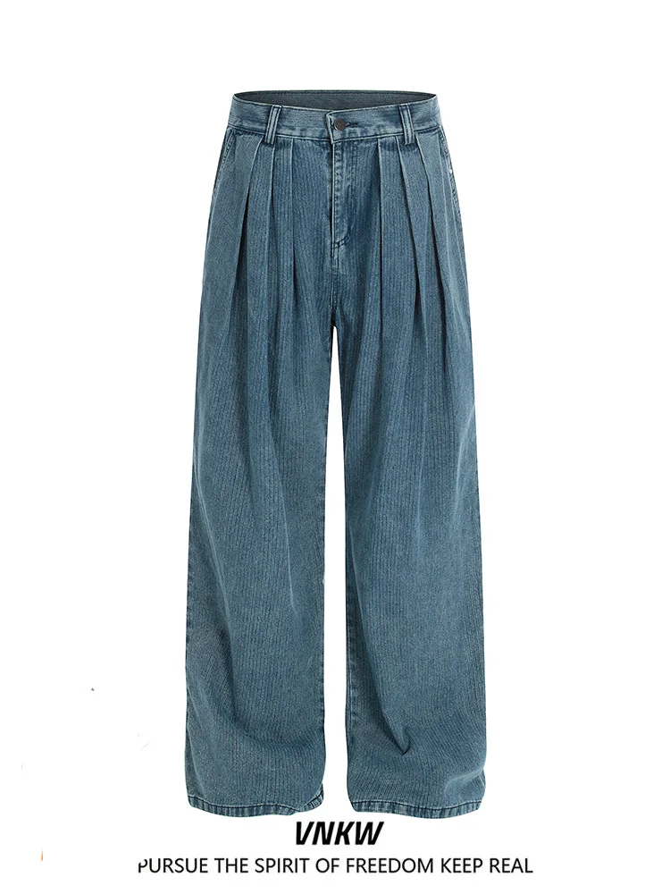 

American Retro High Waist Wide Leg Jeans Loose Folded Design Straight Cut Loose Legged Workwear Floor-Length Pants