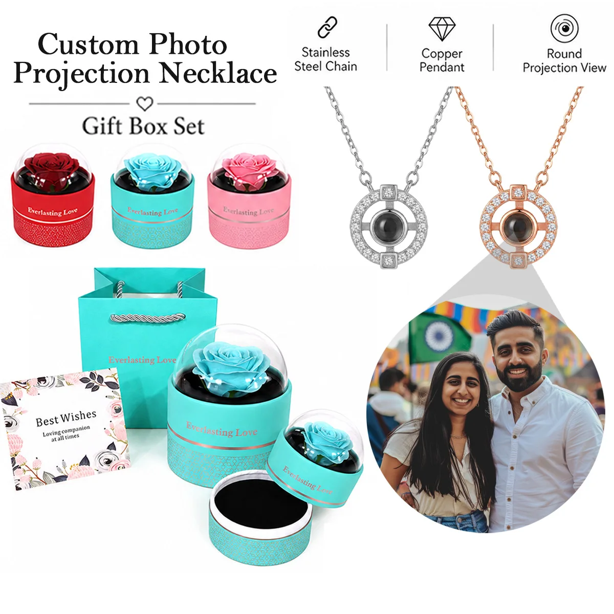 Custom Color Photo Projection Round Necklace Rose Gift Box Stainless Steel Chain Anniversary Valentine's Mother's Day For Women