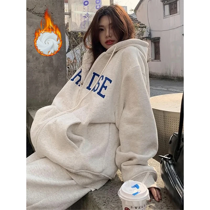 MEXZT Streetwear Zip Up Hoodies Women Oversized Letter Print Sweatshirt Harajuku Korean Plus Fleece Thick Casual All Match Tops