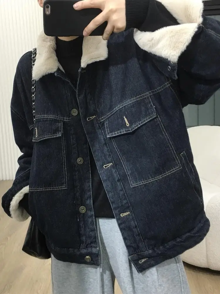 

Джинсовые пальто женские большие меховые плюшевые женские осенние куртки Boxy Cut Sweet Girl Urban Office быстросохнущие лоскутные куртки с клапаном на шнурке