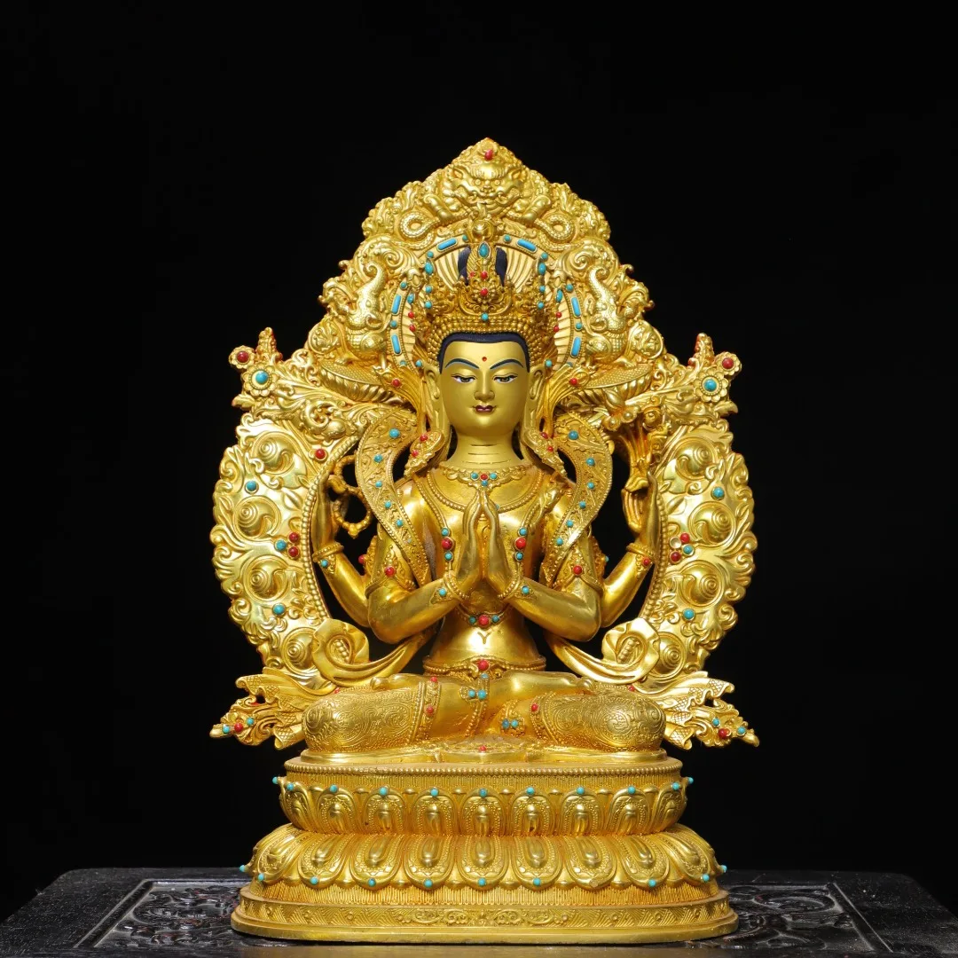 

Old Bronze Mosaic Gem Gilded Painted Face Head backlight Four armed Guanyin Standing Buddha Double Lotus Terrace Amitabha Study
