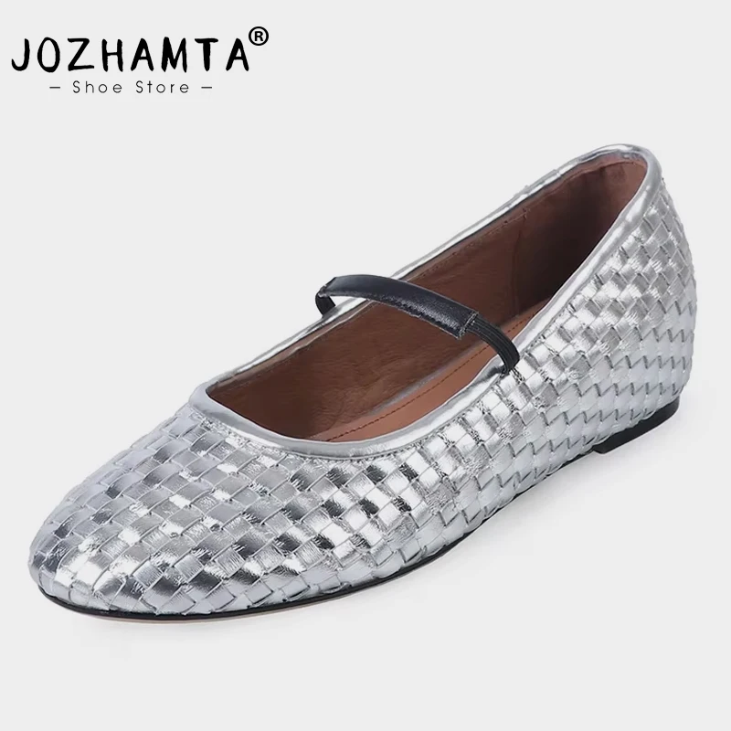 JOZHAMTA Women Woven Flats Shoes Genuine Leather Low Heels For Spring Shoes Vintage Strap Casual Daily Office Dress Size 34-40