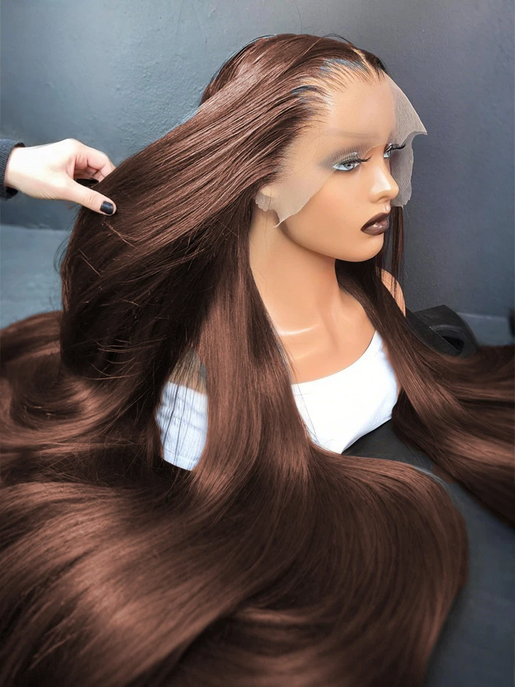 

Chocolate Brown Bone Straight Lace Front Wigs Human Hair For Women 30 Inch 250% Density 13x6 HD Lace Frontal Wig Human Hair Wig