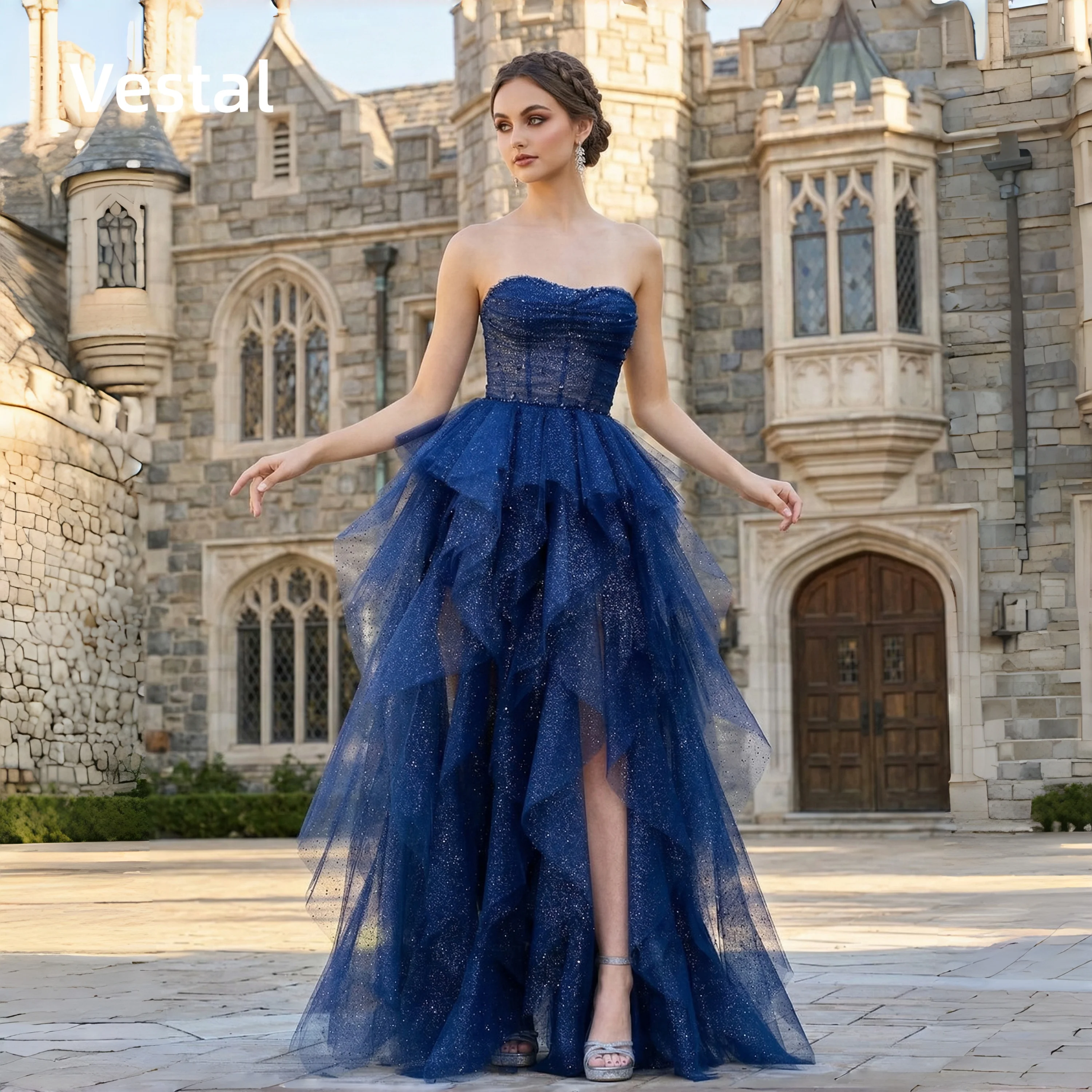 Navy Blue Sparkly Strapless Prom Dress Asymmetric Tiered High Slit Long Evening Party Gown Customized