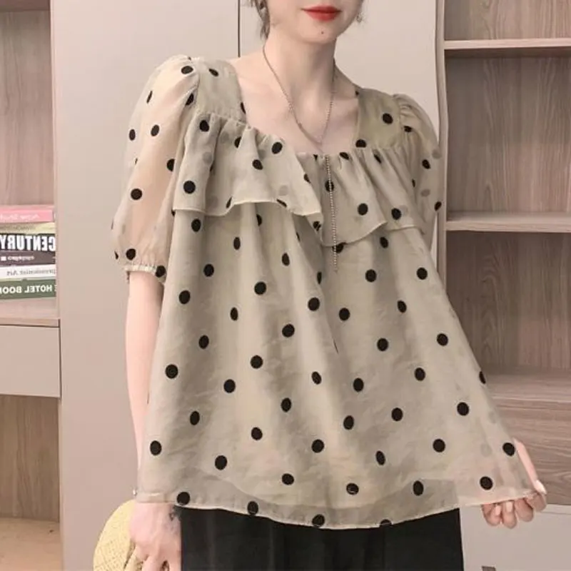 Summer Sweet Polka Dot Printed Shirt Women\'s Elegant Square Collar Ruffles Spliced Loose Casual Puff Sleeve Drawstring Blouse