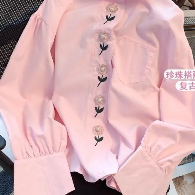 Autumn Long Sleeve Shirt Women Blouses Pink Flower Embroidered Designer Loose Oversized Top Women's Clothes