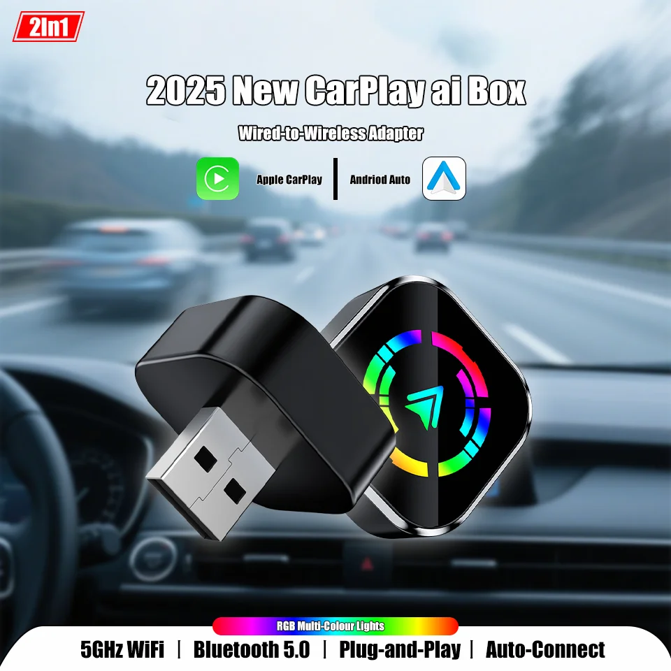 

New 2in1 Wireless CarPlay & Android Auto Adapter Plug&Play Wired to Wireless Conversion Mini USB Dongle Car Radio Compatible