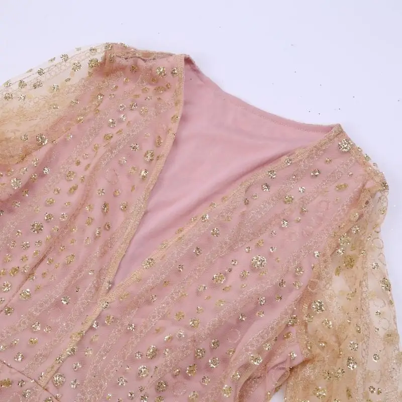 

L38E Women Autumn Long Sleeve Sexy Plunge Deep V Neck Fitted Mini Dress Glitter Sequins Striped Mesh Double Layer Cocktail