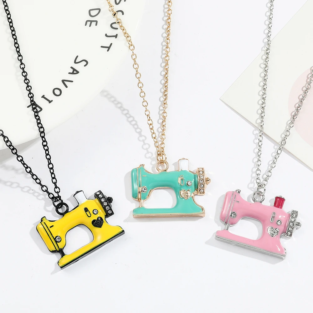 Fashion Trends Statement Enamel Alloy Sewing Machine Pendant Pink Yellow Colors Enamel Necklace Accessories Gift for Woman Fans