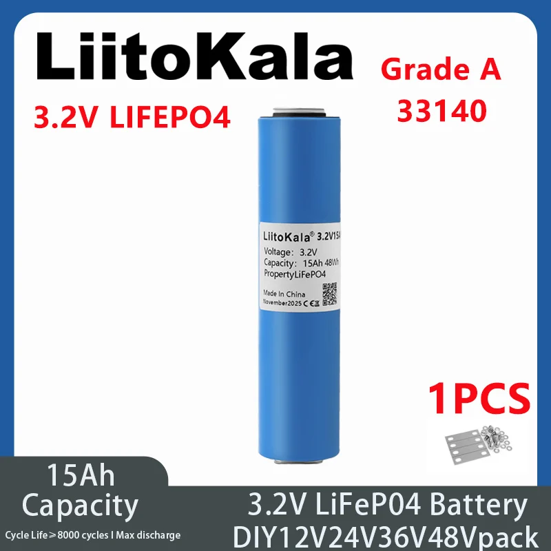 LiitoKala LiFePO4 Battery Pack 3.2V 15Ah 12V 24V for E-Scooter Power Tools DIY 33140 1-6Pcs Lithium Battery