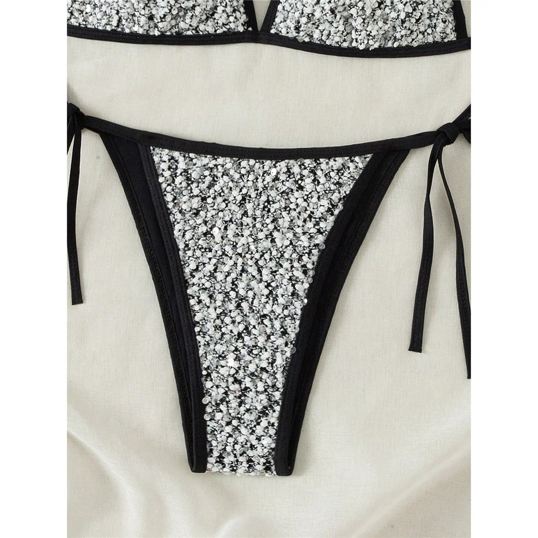 S - XL Glänzender, funkelnder Neckholder-Bikini, Damen-Badebekleidung, zweiteiliger Bikini-Set, Badeanzug mit Trägern, Badeanzug, Schwimmbekleidung V7523 – Detail 11