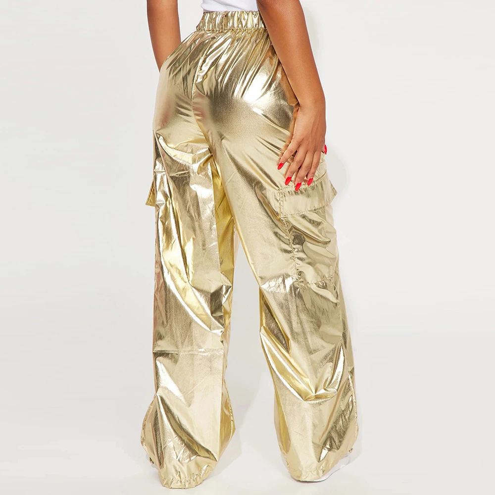 Women High Waist Ruched Harem Pants Sexy Metallic Gold Casual Baggy Trousers 2023 Spring Fall Fairy Grunge Clothes