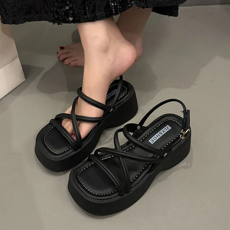 Women High Heels Party Shoes Chunky Sandals 2025 New Summer Cross Tied Sexy Pumps Rome Ladies Shoes Heel Slippers Mujer Zapatos image 5