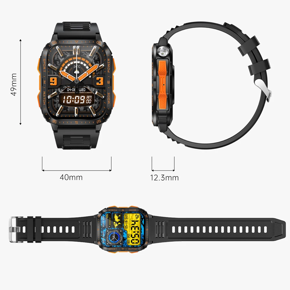 Reloj inteligente 2025 para hombres y mujeres, linterna LED resistente al agua, pantalla de 1,96 ", rastreador deportivo al aire libre de 430mAh, llamada de diente azul, reloj inteligente de música