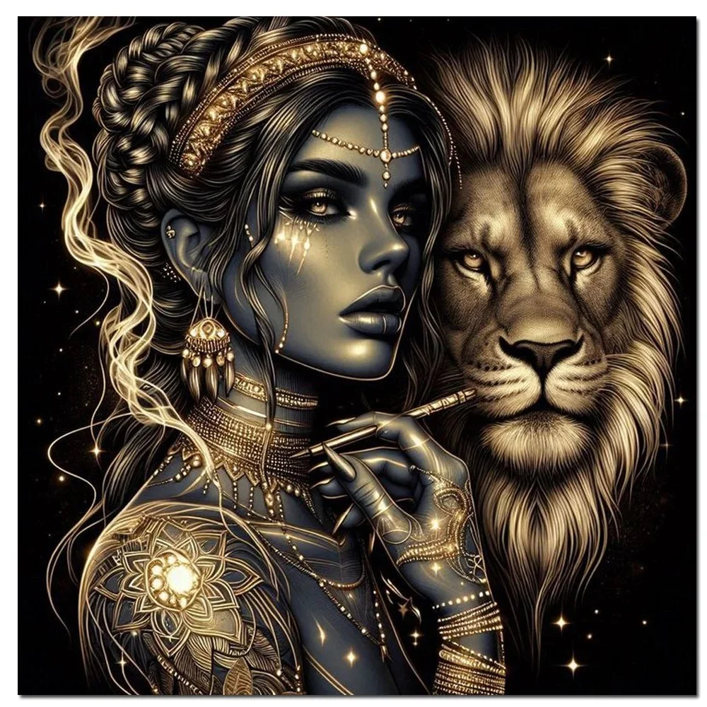 African Golden Black Woman and Lion DIY Diamond Painting Cross Stitch Kit Mosaic Diamond Embroidery For Home Decor Gift