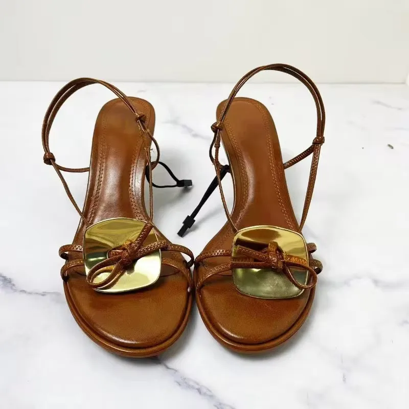 

TRAF Woman Brown Heel Sandals Chic Metal Disc Heels Sandals Round Toe Peep Toe Slingbacks Sandals Female Strap Buckle Heels Shoe