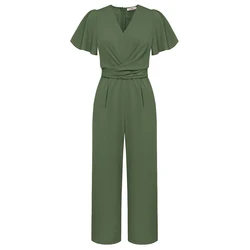 Jasambac-Mono de pierna recta para mujer, manga corta, cuello en V, cintura elástica, diseño de moda, cremallera oculta en la espalda