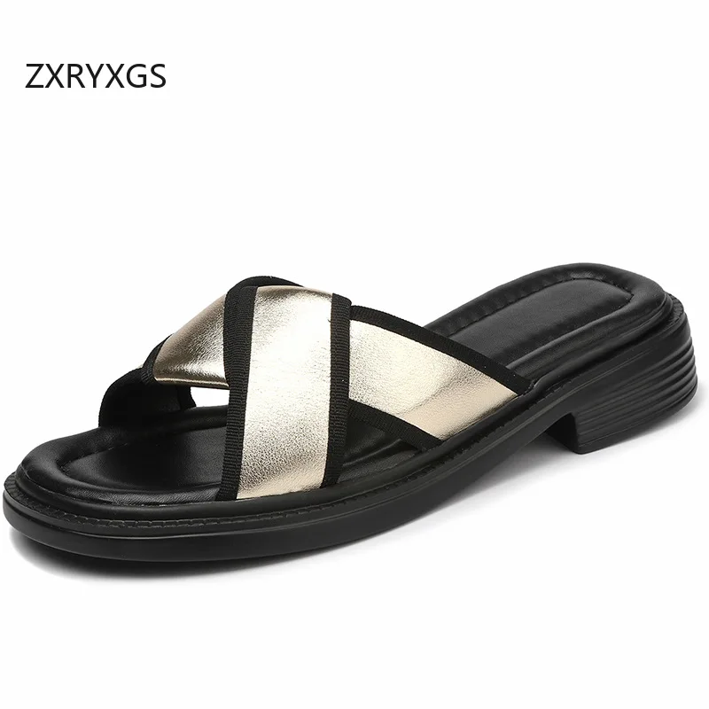 ZXRYXGS Superior Genuine Leather Outer Wear Slippers 2024 New Design and Temperament Woven Women's Slippers Large Size Sandals