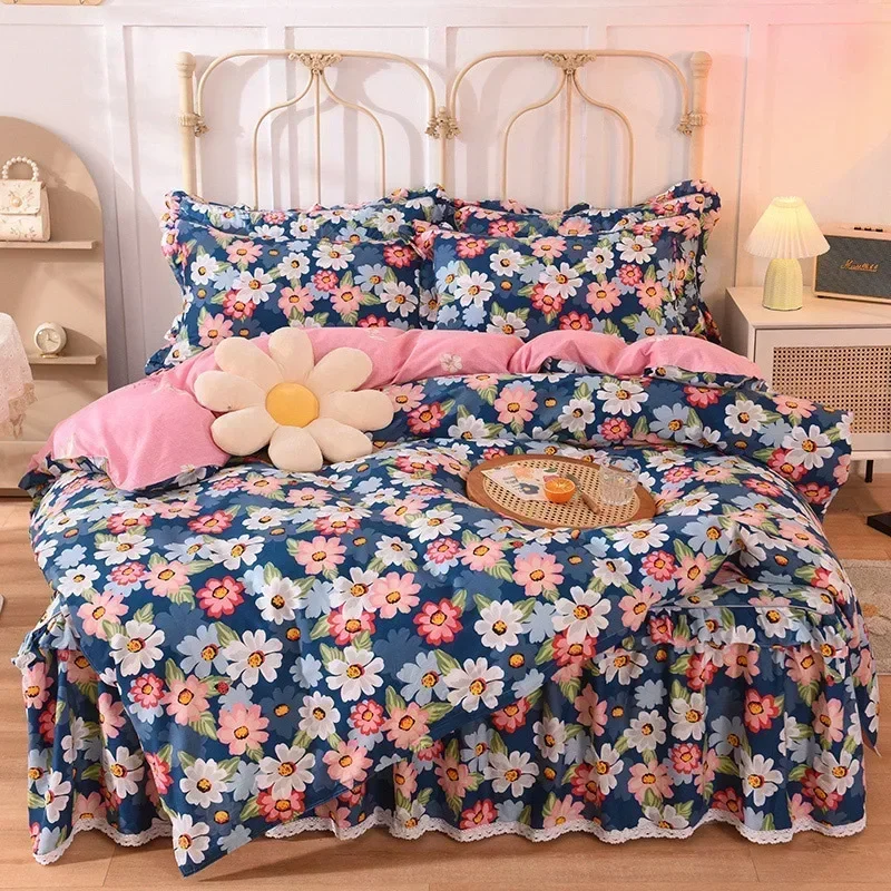 Princess Bedding Sets Luxury Girls Cotton Duvet Cover Set Bed Skirt and Pillowcases Double Full Queen King Bed Comforters Sets