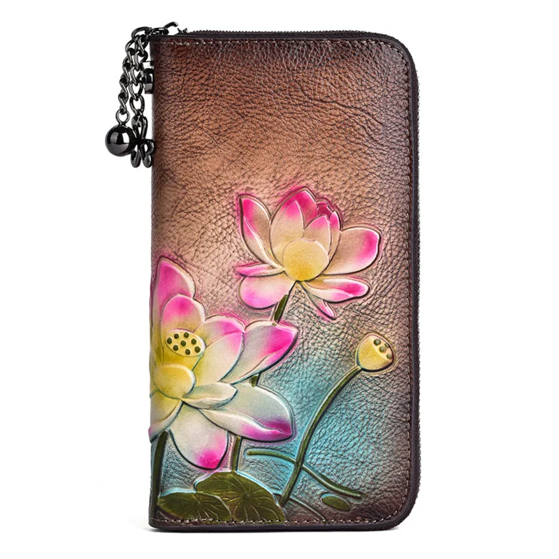 Floral Real Cow Leather Purse Female Vintage Genuine Leather Woman Wallet Long Chinese Lotus Pattern Clutch Bag