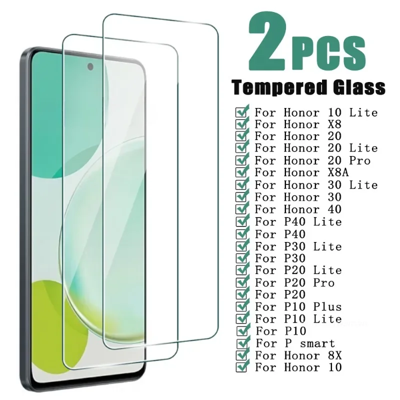 2Pcs Tempered Glass for Huawei P40 P30 P20 P10 Pro Lite P Smart Z Screen Protector for Honor 10 20 30 40 Lite Pro 8X X8 X8A Film