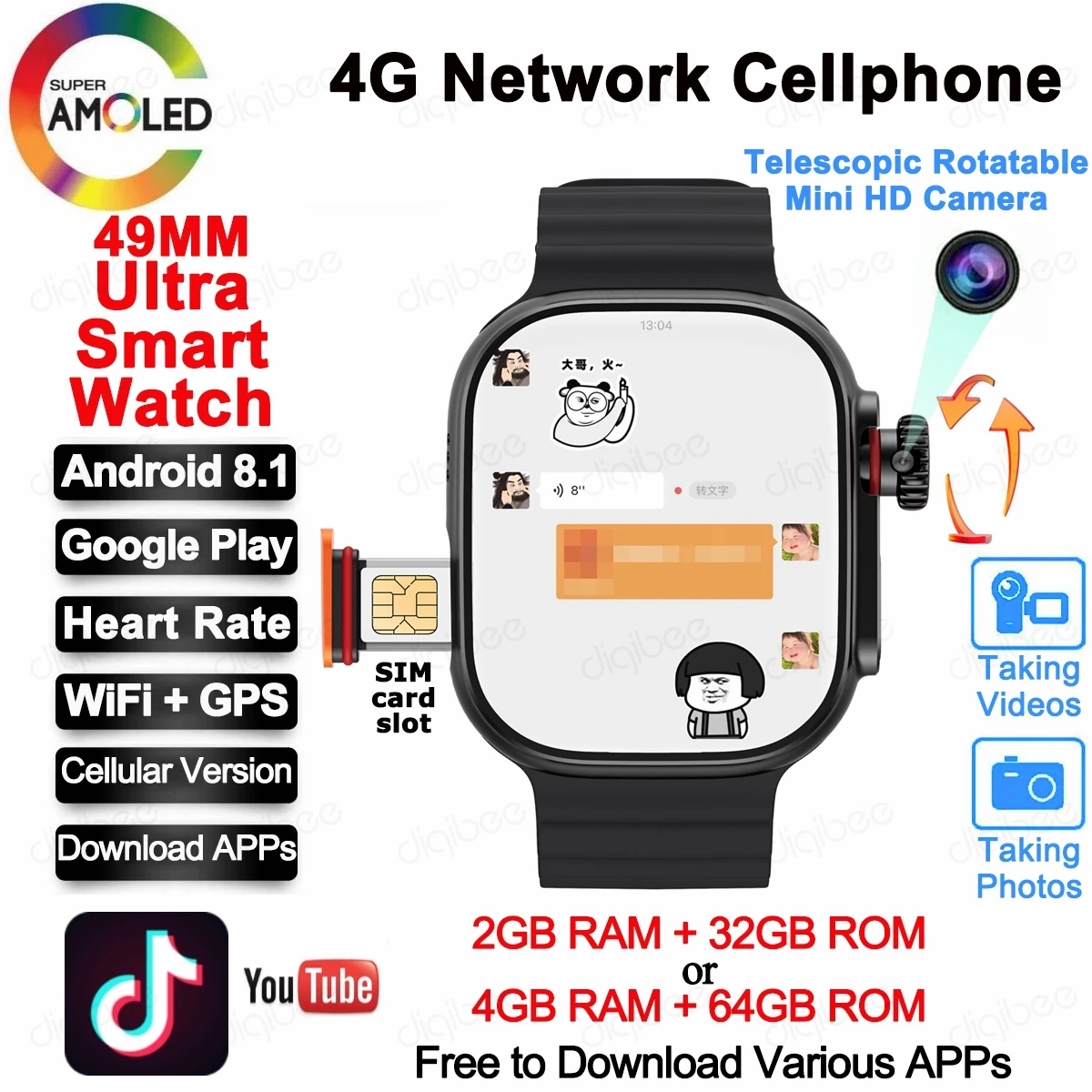 49MM AMOLED 4G SIM Cellular Wrist Phone Android Smart Watch Camera Mini Video Recorder NFC Google Pay WiFi GPS Ultra Smartwatch