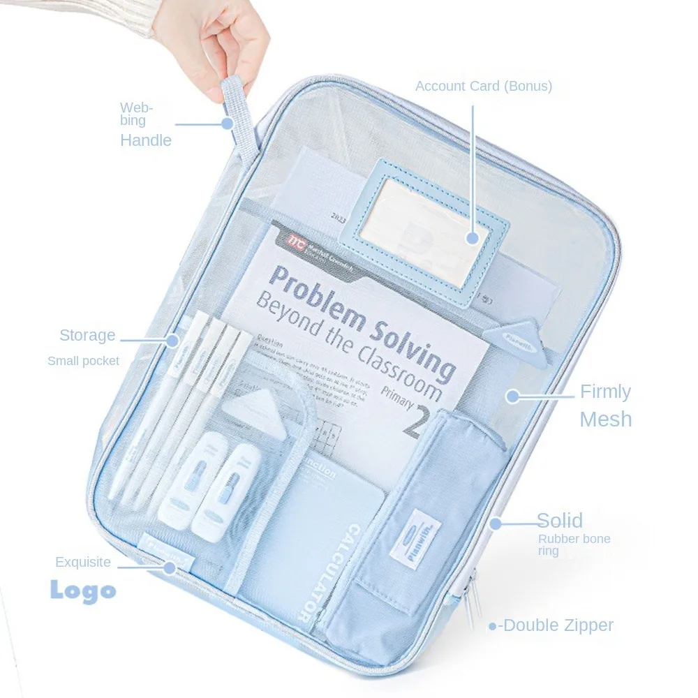 A4 Nylon Mesh File Bag Transparent Solid Color Transparent Zipper Pouch Multifunctional Large Capacity File Pocket Kids