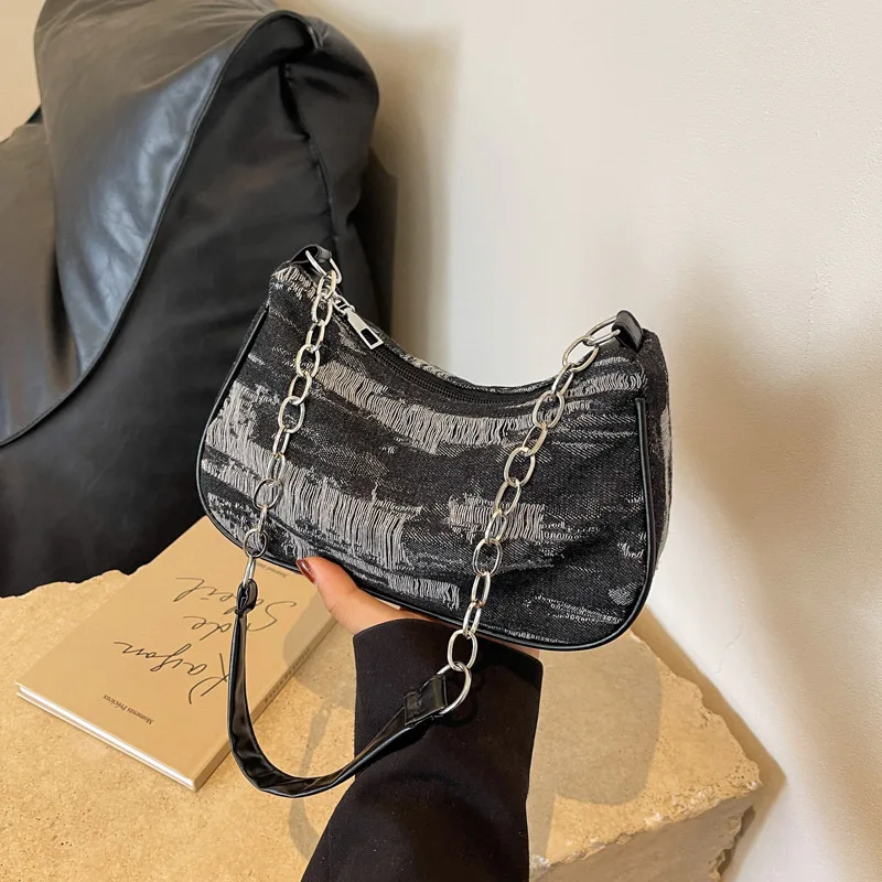 

2025 Summer Denim Chain Shoulder Bag Trendy Underarm Crossbody Purse Fashionable Square Handbag Stylish Casual Womens Bag