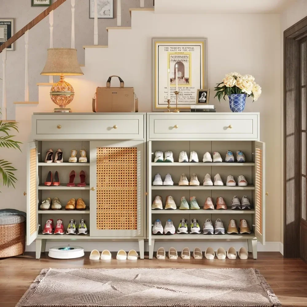 Cabinet with Doors and Drawer, Modern Shoe Storage Cabinet for Entryway, Mint Green Rattan Shoes Cabinet