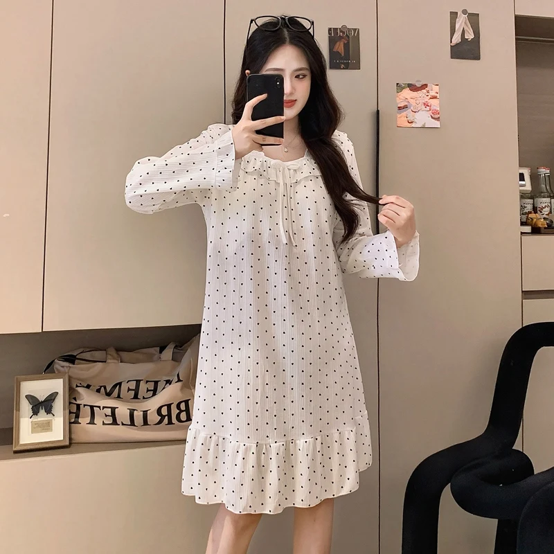 

2025 Autumn Long Sleeve Square Collar Cotton Print Nightgowns for Women Korean Cute Bow Sleepwear Night Dress Nightdress Nighty