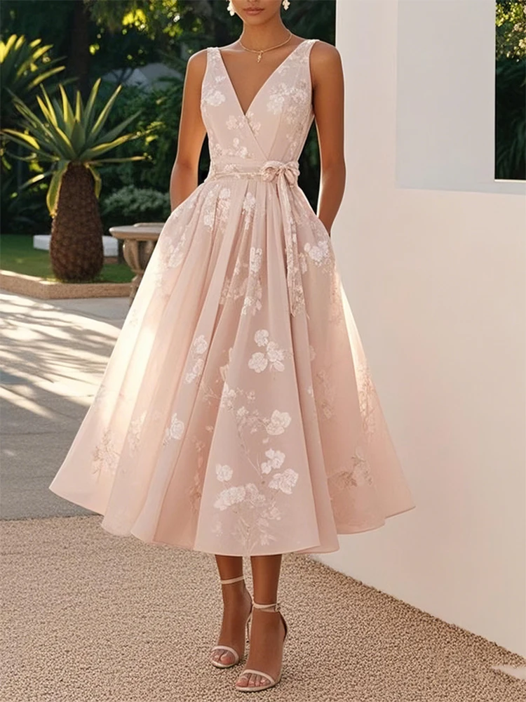 Elegant Pleated A-line Wedding Guest Dress Sleeveless V-Neck Vintage Floral High Waist Evening Dress for Women's with Sashes