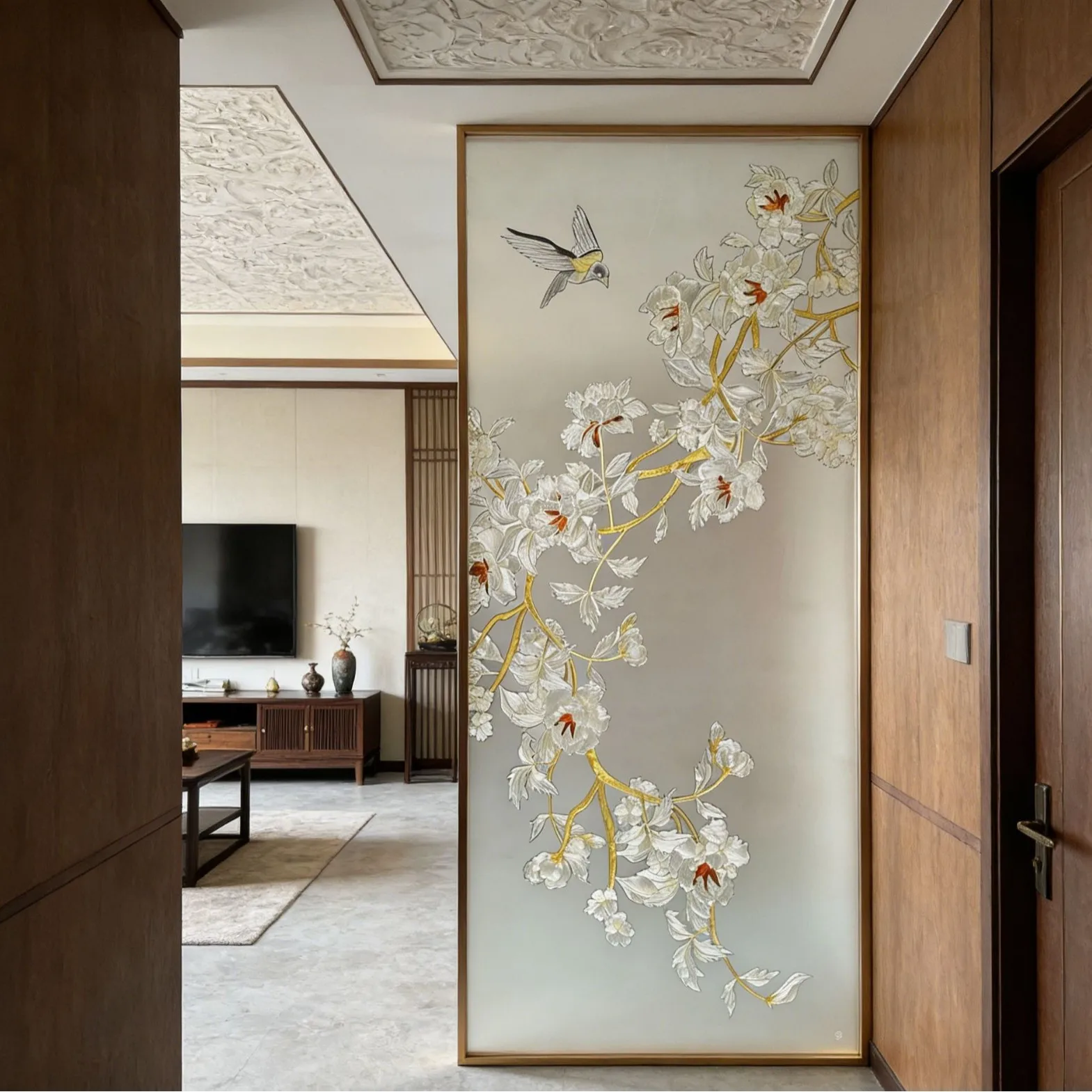 Chinese handmade silk enamel color flower and bird screen upper and lower porch partition light luxury elegant home improvement