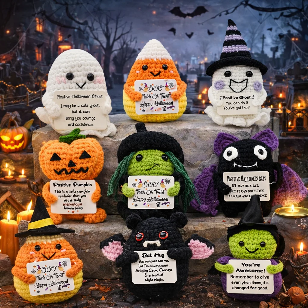 Festival Series Positive Energy Crochet Halloween Handmade Knitted Doll with Encouragement Card Mini Desk Decor Gift