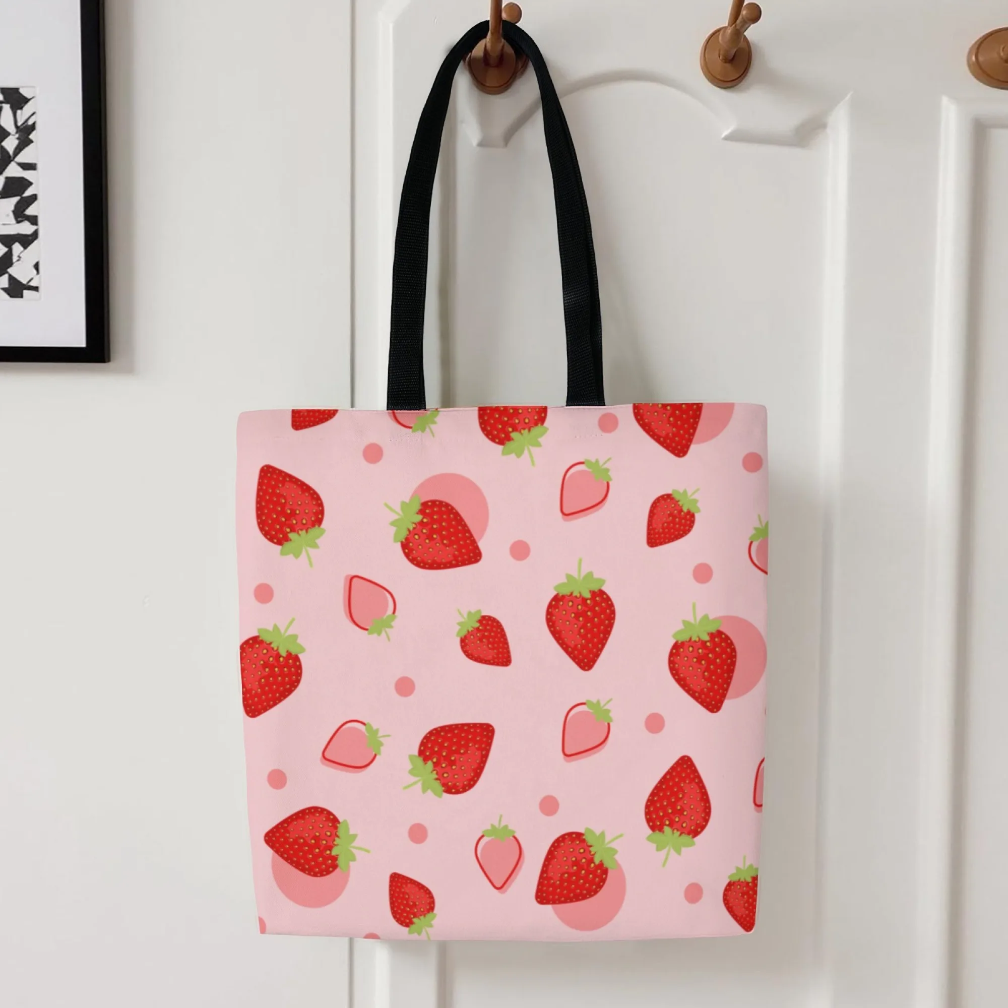 Bolso de mano de lona estilo fresa dulce, bolso de hombro con diseño de fruta rosa para mujer, bolso de compras reutilizable adecuado para viajes diarios