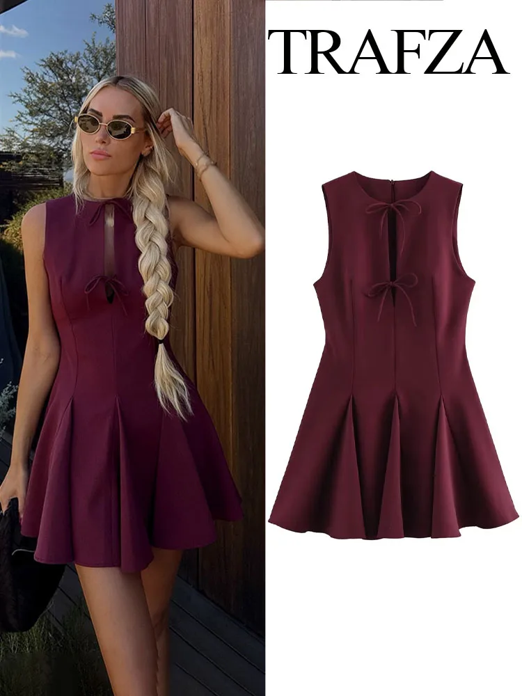 TRAFZA Women's Spring Elegant Evening Party Dresses Wavy Wide Hem Fashion Bow Decorated Solid Sleeveless O Neck Trendy Dresses