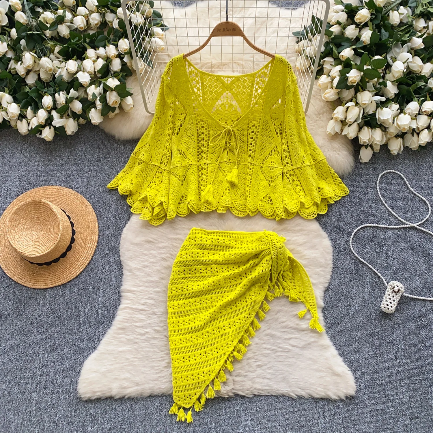 

Retro Jacquard Knitted Suit Women's Sleeveless Vest + Medium And Long Skirt Two-piece Set