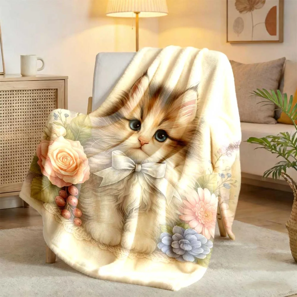 Premium Polyester Fleece Kitten Floral Throw Blanket Super Soft Plush Cozy Decor Gift for Couch Home Nursery Pet Bed Autumn Wint