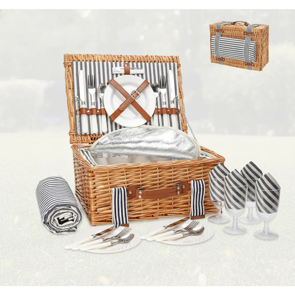

Handmade Willow Picnic Basket Set for 4 with Insulated Cooler, Cutlery & Blanket - Perfect Gift for Couples, Outdoor Parties