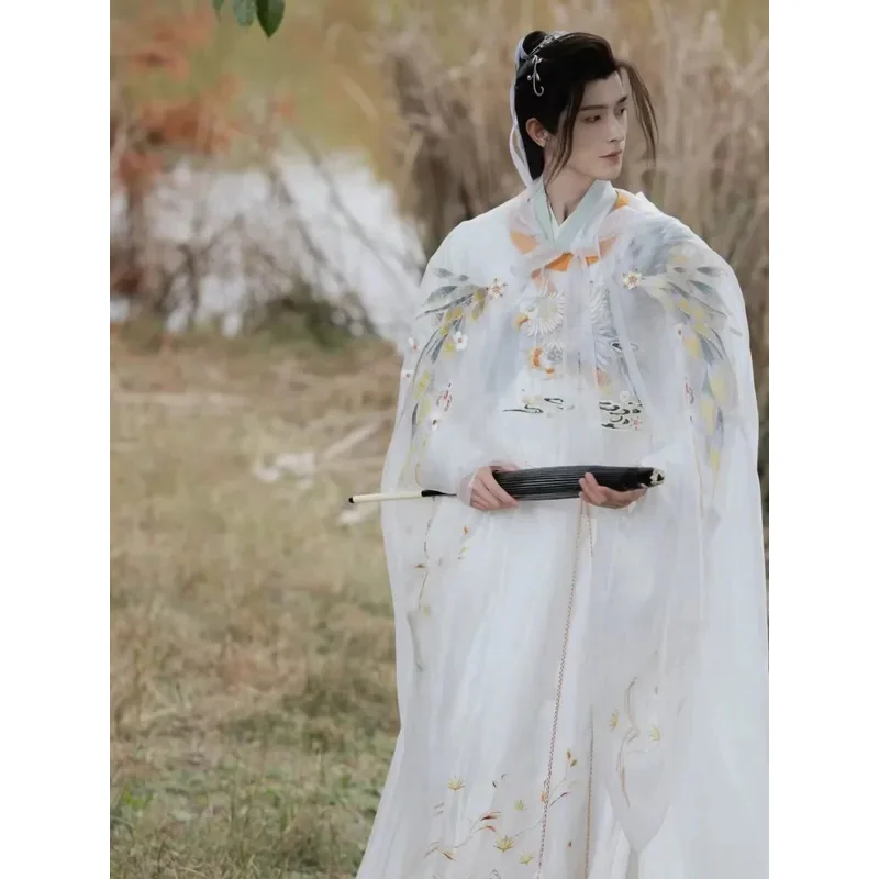 زي هانفو للرجال ثوب مطرز باللون الأبيض النسر عباءة للجنسين من سلالة مينغ الصينية برقبة دائرية رداء الأمراء النبيلة أزياء تنكرية