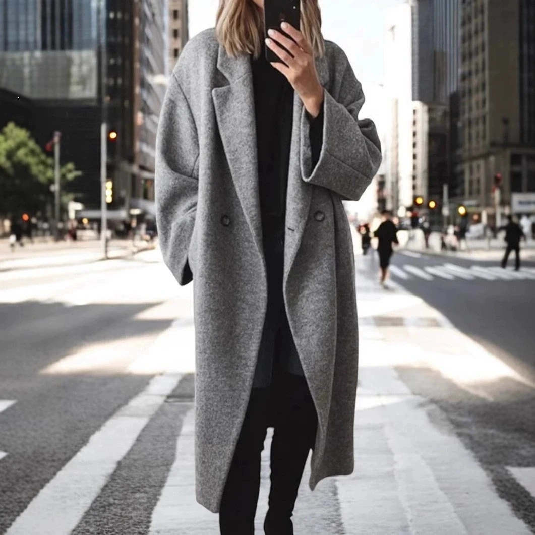 Neuer Herbst-Winter Damen Mehrfarbiger Mehrgrößen Langer Wollmisch-Trenchcoat Freizeit-Oberbekleidung – Detail 4
