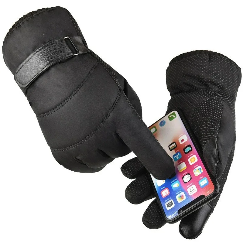 Mens Down Cotton Winter Gloves Waterproof Cold Resistant Fleece Lined Thickened Warm Skiing Gloves for Outdoor Sports