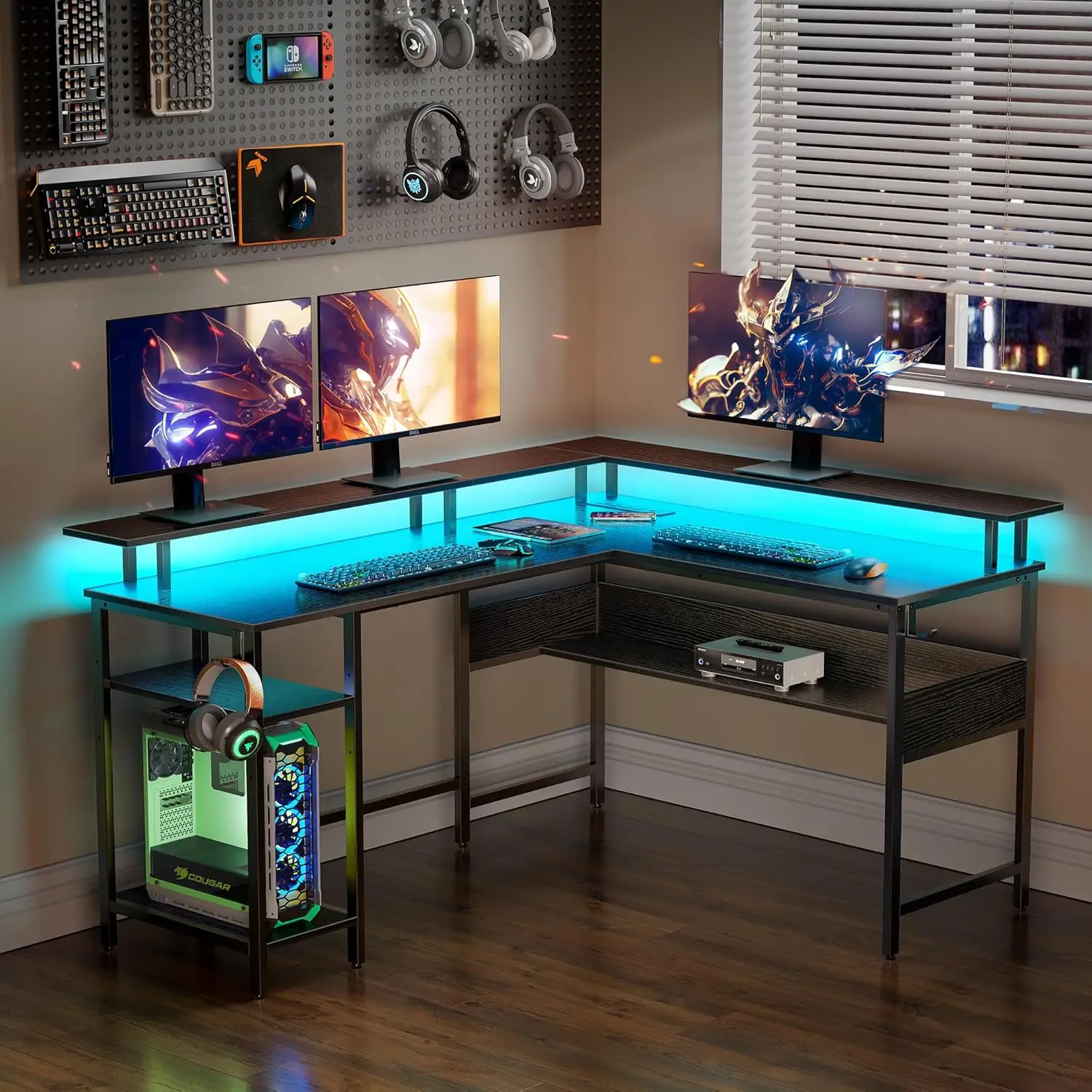 Mesa de computador Rolanstar em forma de L de 56,7" com luzes LED e tomadas de energia, mesa de jogos reversível em forma de L com suporte para monitor