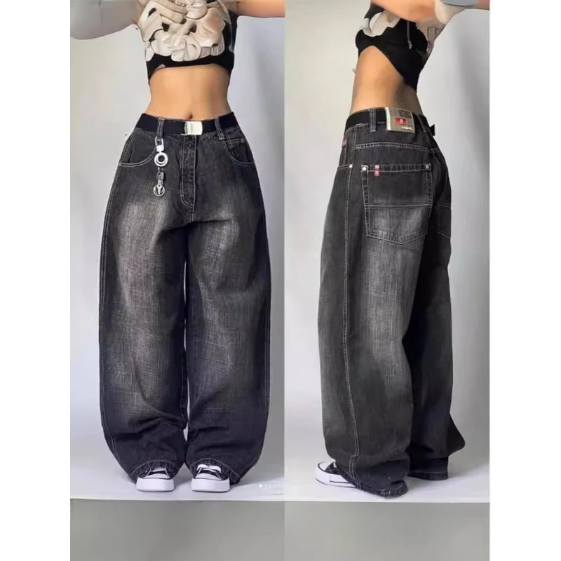 

QWEEK Vintage Y2k Baggy Black Jeans Retro Harajuku Hip Hop Wide Leg Denim Pants Goth High Waist Korean Style Streetwear Trousers