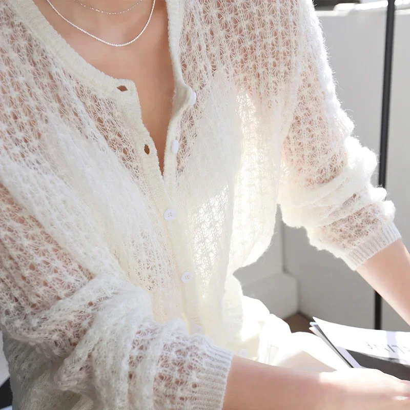 2024 Autumn Women's Cardigan Retro French Gentle Wind Fashion Wild Mohair Crochet Hollow Breathable Thin Knit Cardigan Sweater