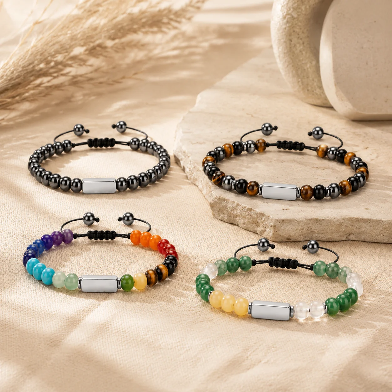 Custom Name Beaded Bracelet Personalized Stainless Steel Engraved Natural Stone Adjustable Bracelet Gift