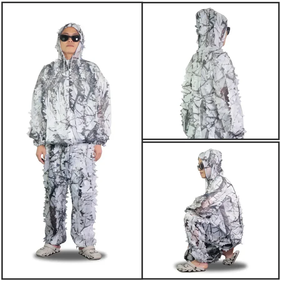 3D Snow Bionic Camouflage Ghillie Suits Sniper Winter Hunting Clothing for Shooting Camouflage Maple Leafy Invisible Full Set