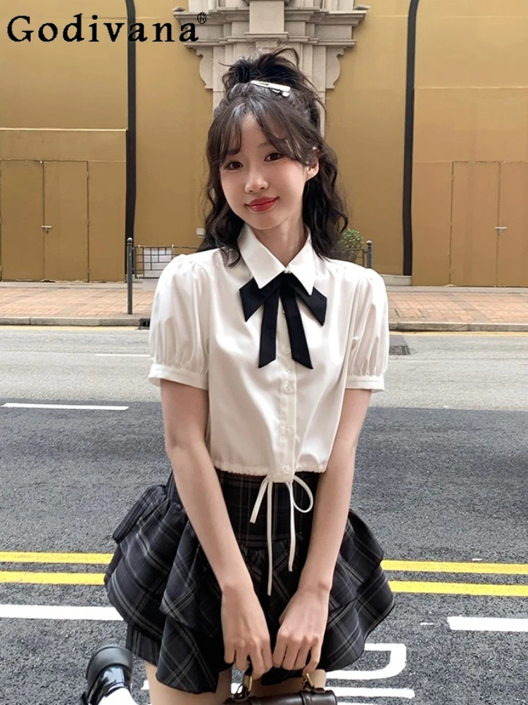 

Summer New Versatile College Irregular High Waist Short Jk Skirt Girl Shorts Sleeve Turn-down Collar Japanese Age-reducing Shirt