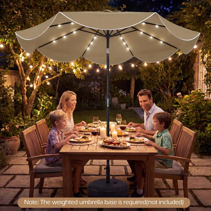 9 Ft Scalloped Solar Patio Umbrella With 24 Led Lights, Market Outdoor Umbrella With Metal Ribs, Crank And Tilt Sun Shade For Garden, Poolside And Commercial Cafe Use, Tan