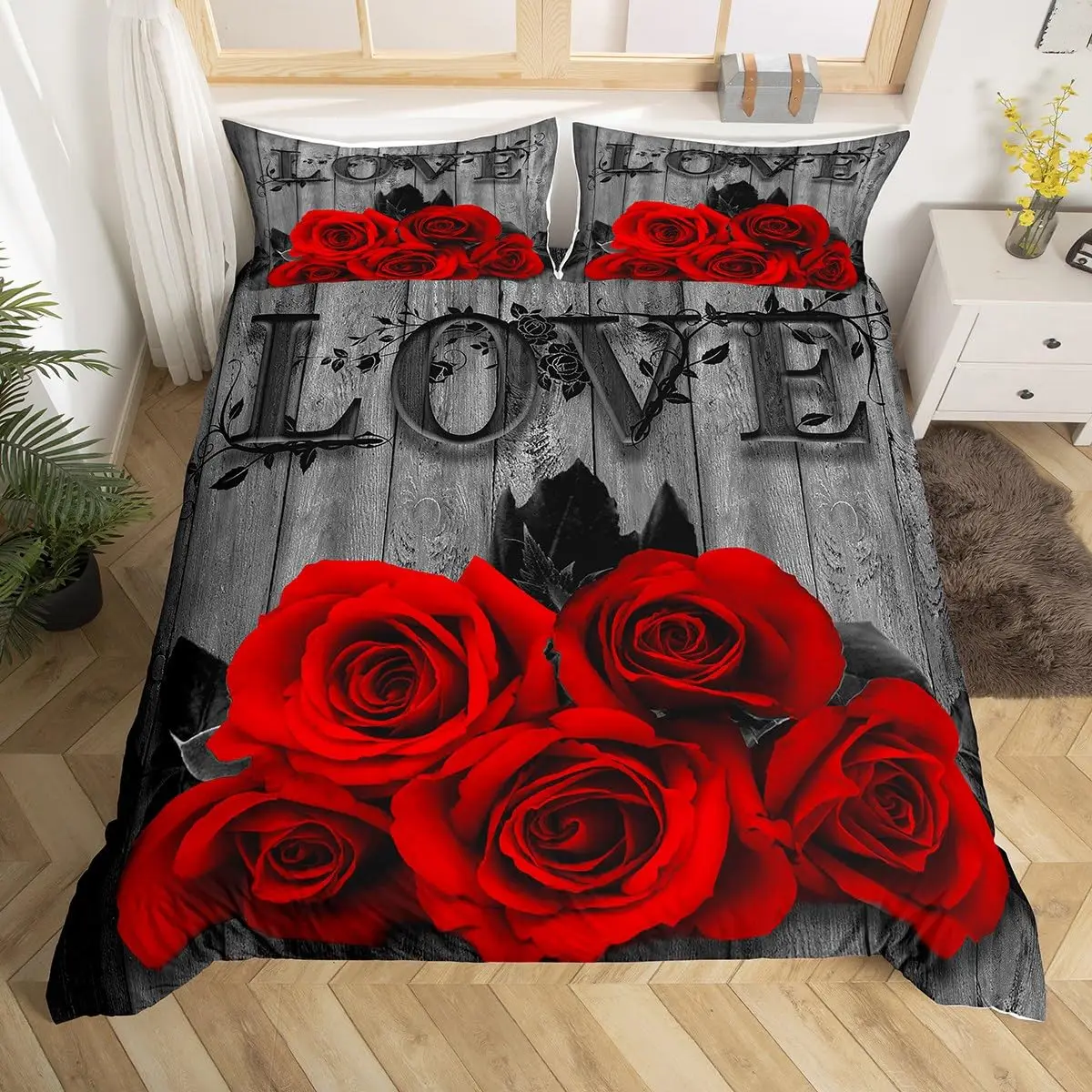 Rose Flowers Duvet Cover Set Full Size Romantic Love Wedding Bedding Hearts Floral Quilt Cover Room Decor Valentine's Day Gifts