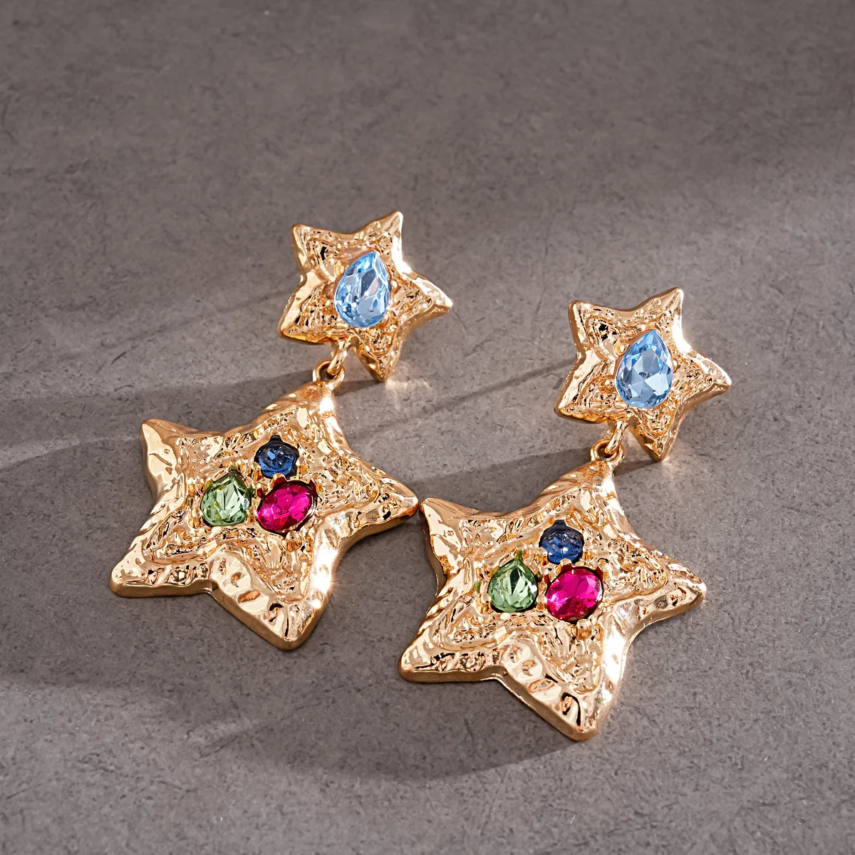 Colorful Textured Double Star Dangle Earrings for Women Irregular Water Drop Pendant Earrings Vintage Y2K Street Jewelry K